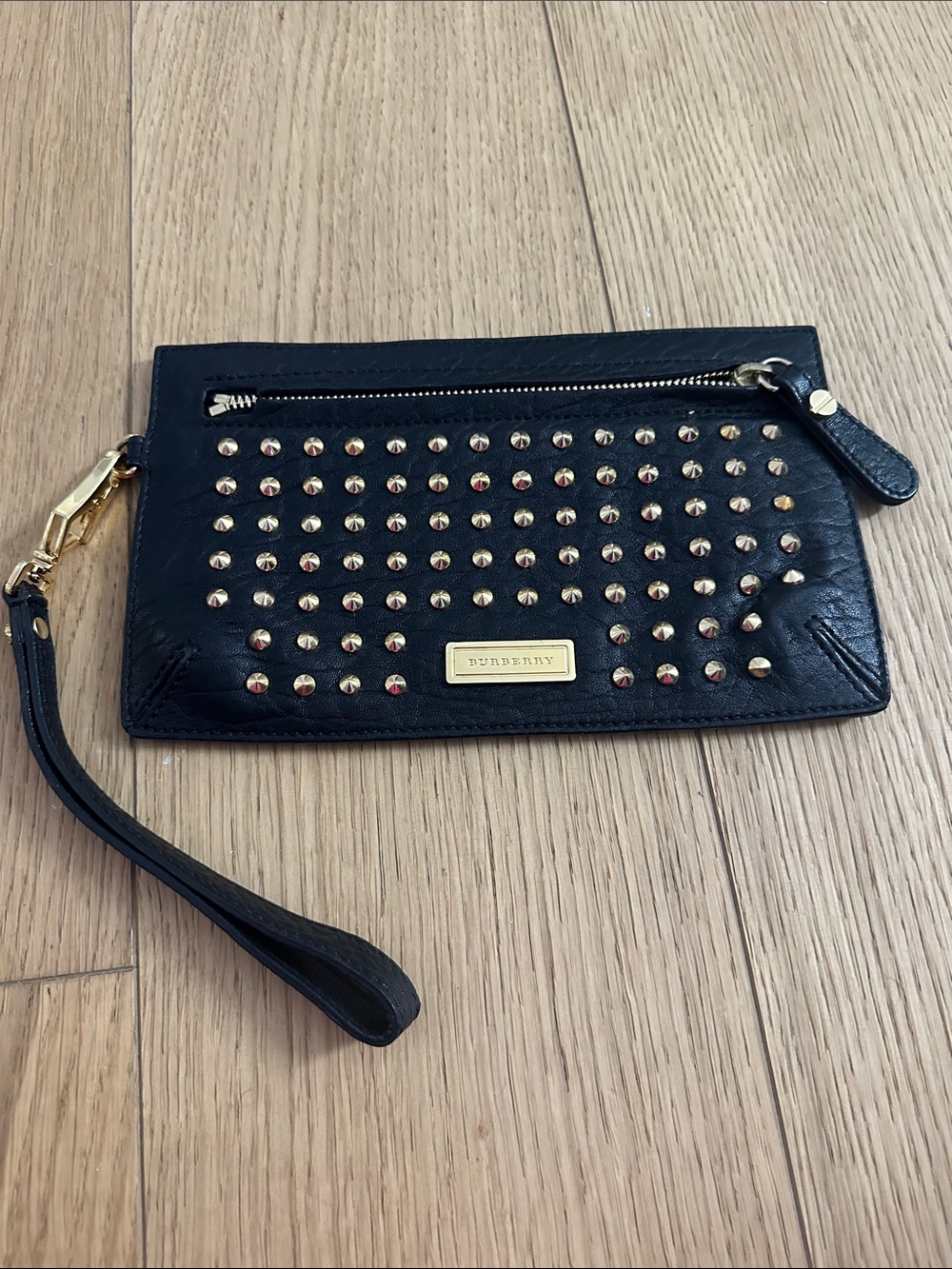 Burberry Black Leather Studded Wristlet Clutch with Gold Hardware